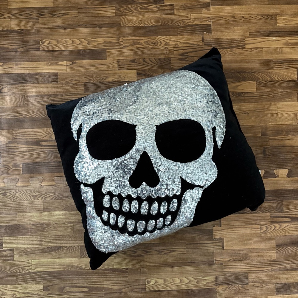 Halloween Black Satin Accent Pillow with Silver Sequence Skull
